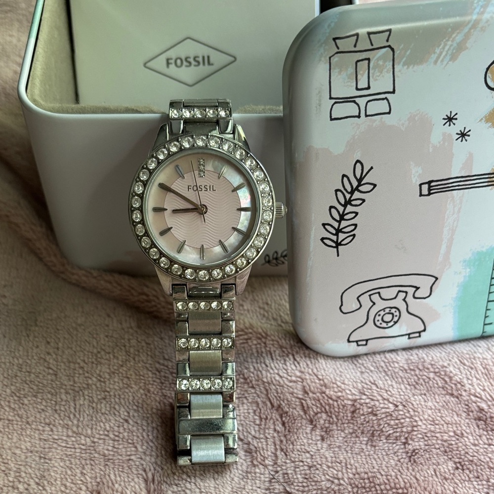 Fossil Silver Watch with Crystal Detailing
